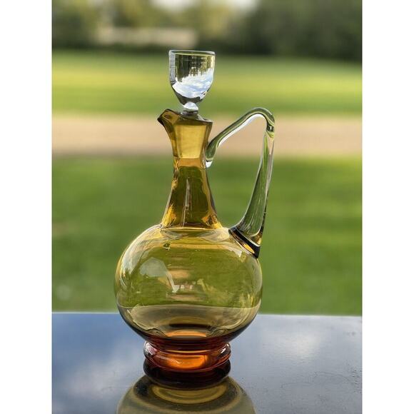 Vintage Other - Vintage Clear Handle Amber‎ Glass Pitcher Art Hand Blown 12” Decanter Decorative